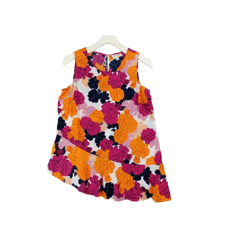 Maison Jules Womens Boho Coastal Colorful Floral Peplum Top S Orange Pink NEW